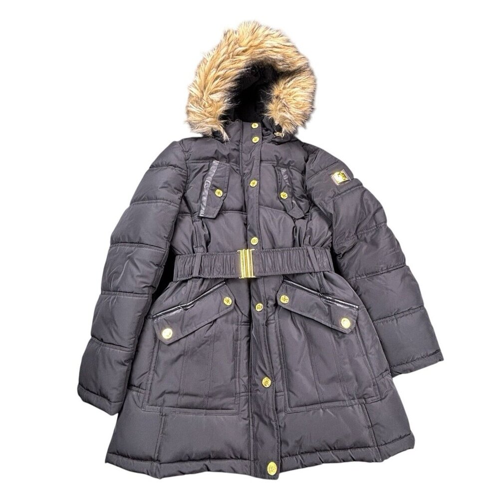 Rocawear Puffer Coat Women’s Medium Black Long Stretch Belt Removable Fur Hood